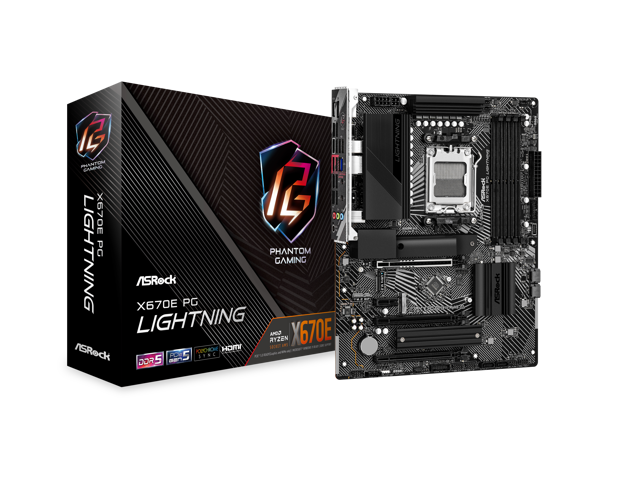 ASRock X670E PG Lightning AM5 ATX Motherboard. 4xDDR5 slots, PCIE 5.0X16, AMD Cross Fire, Quad M.2 slots, 2.5GB LAN, 7.1 HD audio, HDMI, DP 1.4.