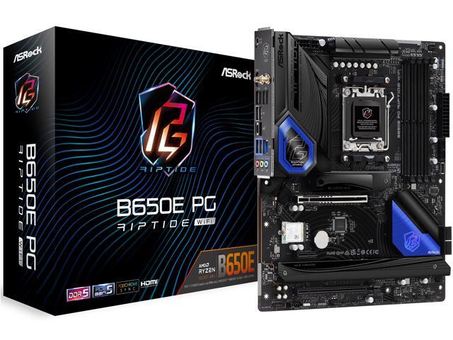 ASRock B650E PG RIPTIDE WIFI AM5 ATX Mainboard, 4 slots DDR5, PCIe 5.0 x16 Slot, 3 M.2 slots, 2.5Gb Lan, WI-FI 6E, 7.1 Nahimic Audio, Front.