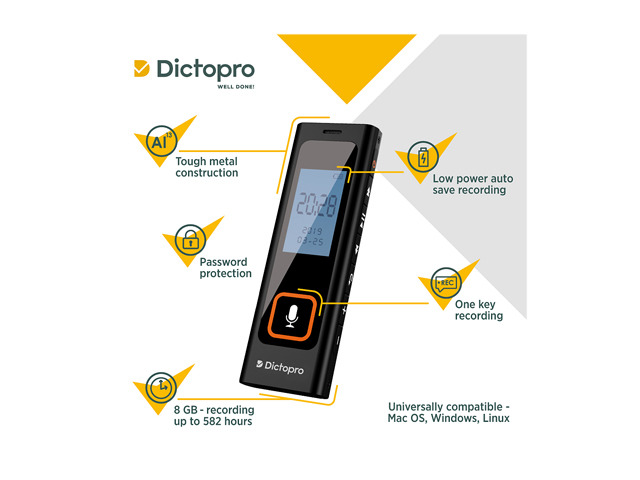 DICTOPRO X200 - Digital Voice Recorder with Sensitive Microphones, Voice Activated Continuous Recording, Password, Mini Dictaphone Device with 582...