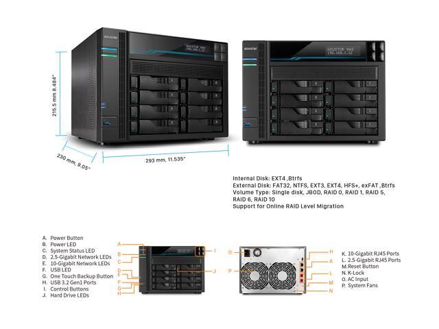 Asustor 8 Bay NAS Lockerstor 8 AS6508T Quad-Core CPU, Dual 10GbE+2.5GbE Ports, 8GB RAM DDR4, Two M.2 Slots (Diskless)