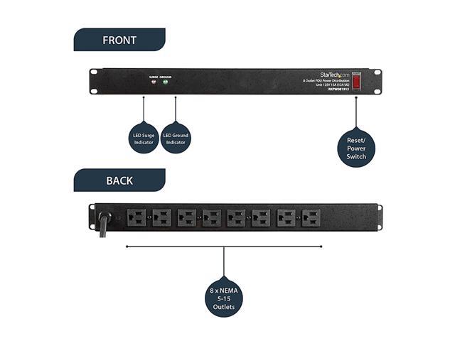 StarTech. com RKPW081915 Rackmount PDU with 8 Outlets with Surge Protection - 19 in Power Distribution Unit - 1U