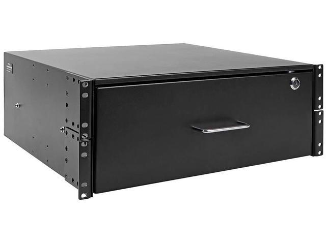 4U drawer mounts in EIA-standard 19 in. 2-post rack to store tools, notes, cables, computer discs and other essential rack equipment accessories up.