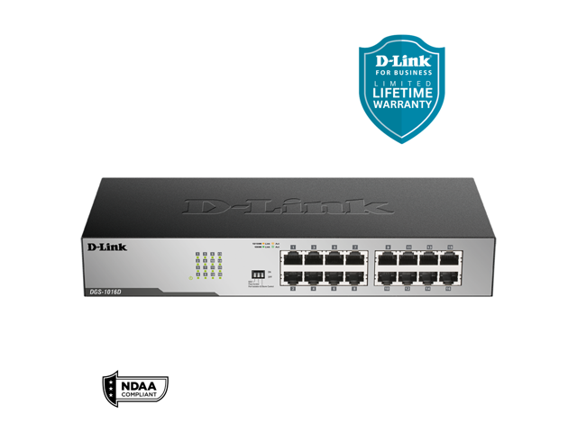 D-Link 16-Port Gigabit Ethernet Unmanaged/ Plug and Play Switch Fanless Metal Compact Desktop/Rackmount - (DGS-1016D)