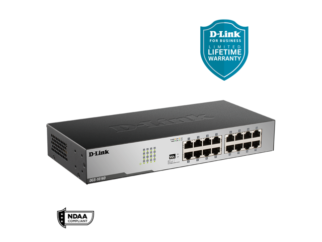 D-Link 16-Port Gigabit Ethernet Unmanaged/ Plug and Play Switch Fanless Metal Compact Desktop/Rackmount - (DGS-1016D)
