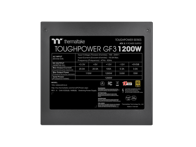 Thermaltake Toughpower GF3 1200W; ATX 3.1; x2 Native PCIe 5.1 12V-2x6; Flat Cables; Color Matched Connectors; Japanese Main Capacitors; 135mm Fan;...
