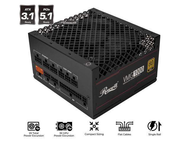 Rosewill VMG 1000W 80+ Gold, ATX 3.0 & 3.1 Compatible, Full Modular Low-Noise Power Supply, PCIe 5.1 12V-2x6 Connector, 100% Japanese Capacitor, 120mm FDB Silent Fan - 5 Year Warranty - VMG1000
