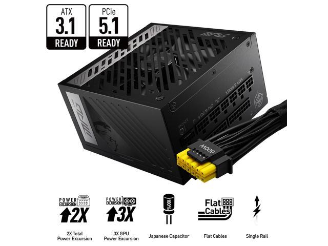 MSI - MPG A1000G PCIE5, 80+ GOLD Full Modular Gaming PSU, 12V-2x6 Cable, 5080 5090 ATX 3.1 & PCIE 5.1 Ready, 1000W Power Supply, 10 Year Warranty