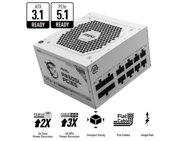 MSI MAG A850GL PCIE5 WHITE, Fully Modular Compact Gaming 850W Power Supply, 80+ Gold, ATX 3.1 & PCIe 5.1 Ready, Native Dual-color 12V-2x6 cable, 10...