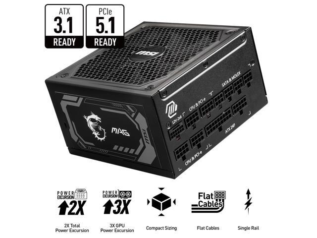 MSI MAG A1250GL PCIE5, Fully Modular Compact Gaming 1250W Power Supply, 80+ Gold, ATX 3.1 & PCIe 5.1 Ready, Native Dual-color 12V-2x6 cable, 10...