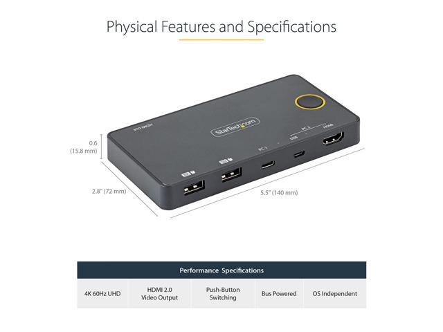 2 Port Hybrid USB-A + HDMI & USB-C KVM Switch, Single 4K 60Hz HDMI 2.0 Monitor, Compact Desktop and/or Laptop HDMI KVM Switch, USB Bus Powered,...