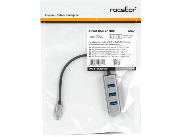 Rocstor Premium Portable 4 Port Aluminum Hub - USB-C to 4x USB-A Hub - USB 3.0 Hub Y10A228-A1