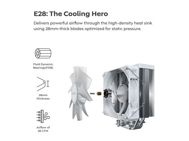 Open Box - MONTECH NX400 - CPU Air Cooler, Single Tower, 4 Advanced Heat Pipes, 52-fin Heat Sink, E28, 120mm FDB Static Pressure Fan, 28mm Fan...