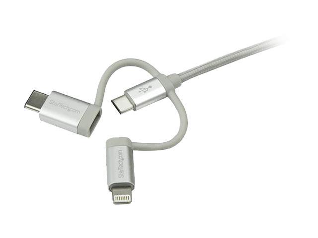 StarTech LTCUB1MGR USB Multi Charger Cable - 1m / 3 ft - USB to USB C / Micro USB / Lightning Cable - USB Charging Cable - Braided - 1 pack