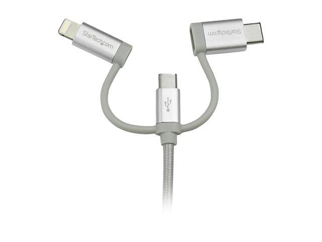 StarTech LTCUB1MGR USB Multi Charger Cable - 1m / 3 ft - USB to USB C / Micro USB / Lightning Cable - USB Charging Cable - Braided - 1 pack