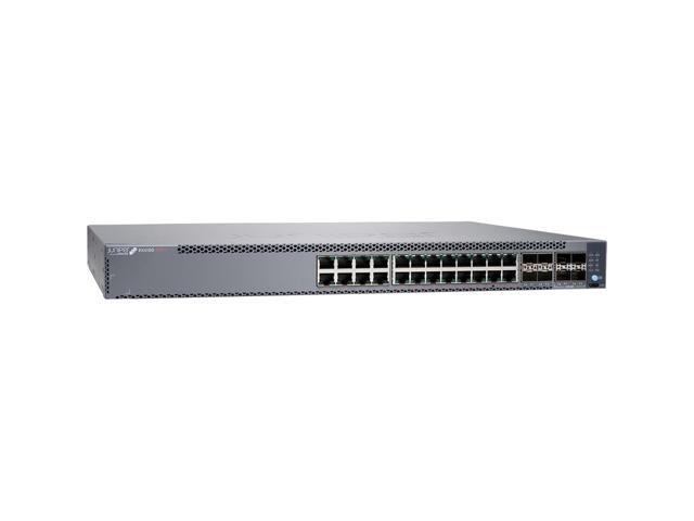 Juniper Networks EX4100, 24-port 10/100/1000BASE-T switch, 4x10GbE uplinks, 4x25GbE stacking/uplink ports, MACsec AES256, redundant fans EX4100-24T