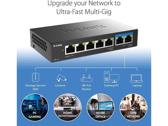 D-Link 7-Port Multi-Gigabit (2.5Gb) Unmanaged Ethernet Switch 2 x 2.5 Gb, 5 x 10/100/1000Mbps Ports - (DMS-107)
