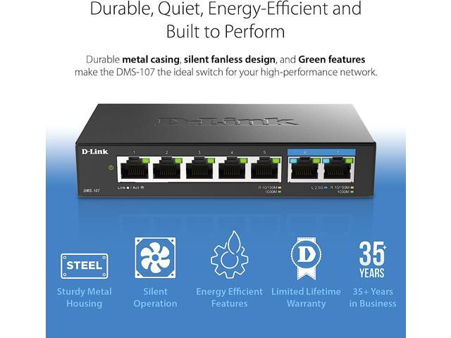 D-Link 7-Port Multi-Gigabit (2.5Gb) Unmanaged Ethernet Switch 2 x 2.5 Gb, 5 x 10/100/1000Mbps Ports - (DMS-107)