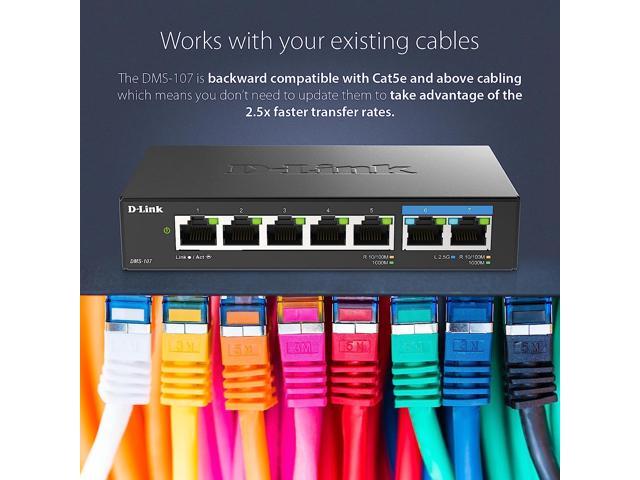 D-Link 7-Port Multi-Gigabit (2.5Gb) Unmanaged Ethernet Switch 2 x 2.5 Gb, 5 x 10/100/1000Mbps Ports - (DMS-107)