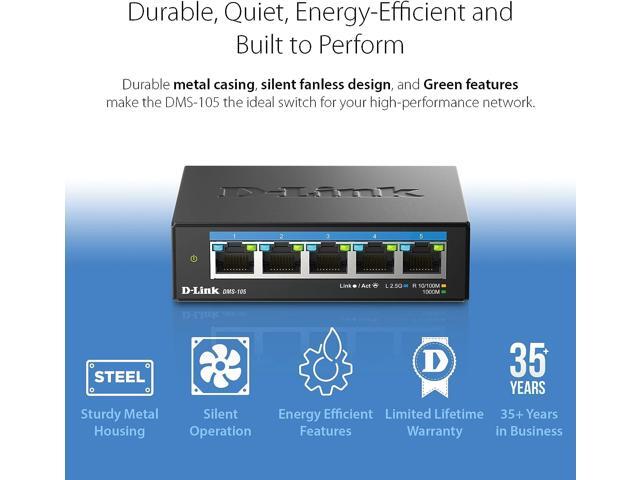 D-Link 5-Port 2.5Gb Unmanaged Gaming Switch with 5 x 2.5Gb - Multi-Gig, Network, Fanless, Plug & Play - (DMS-105)