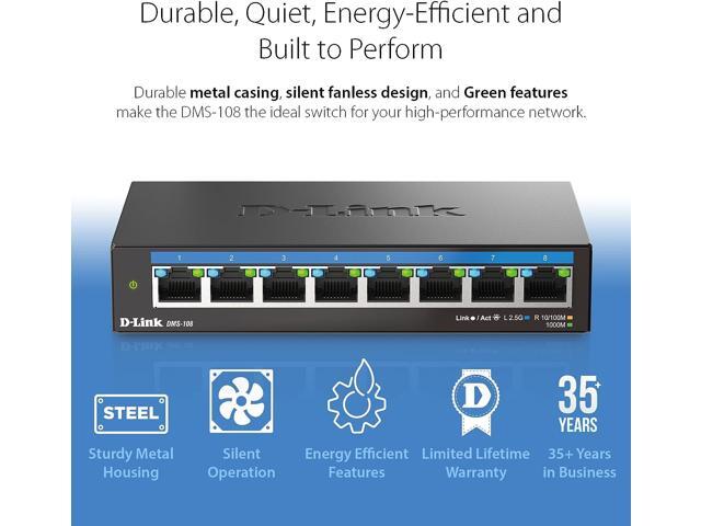 D-Link 8-Port 2.5Gb Unmanaged Gaming Switch with 8 x 2.5G - Multi-Gig, Network, Fanless, Plug & Play - (DMS-108)