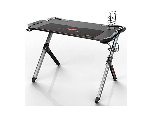 Eureka Ergonomic R1-S Gaming Desk with RGB Lighting, Carbon Fiber Texture, Cup Holder, and Headphone Hook