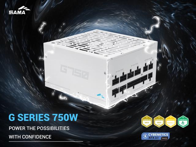 SAMA G750W ATX 3.1 Power Supply, 750W, Cybenetics Gold Standards, PCIe 5.1 Ready, Full Modular, Japanese Capacitors, FDB Fan, White Version