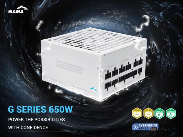 SAMA G650W ATX 3.1 Power Supply, 650W,Cybenetics Gold Standards, PCIe 5.1 Ready, Full Modular, Japanese Capacitors, FDB Fan, White Version
