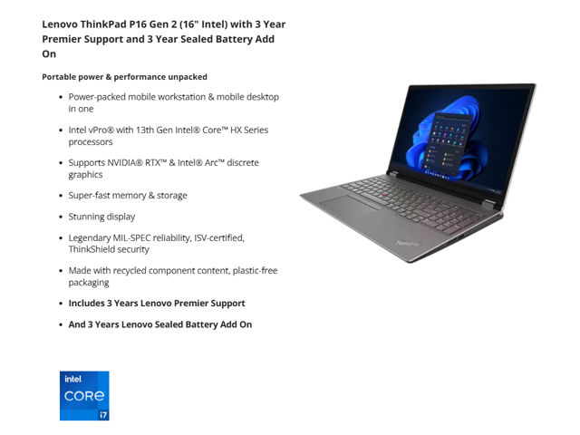 Lenovo ThinkPad P16 Gen 2 16.0' Touch Screen Intel Core i7-13700HX NVIDIA RTX 4000 Ada Generation 32GB Memory 1TB SSD Windows 11 Pro 21FA002XUS