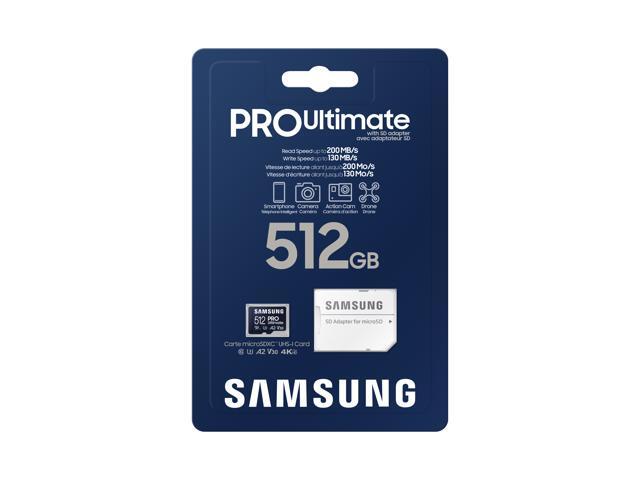 SAMSUNG PRO Ultimate microSD Memory Card + Adapter, 512GB microSDXC, Up to 200 MB/s, 4K UHD, UHS-I, Class 10, U3,V30, A2 for Action Cam, Drone,...