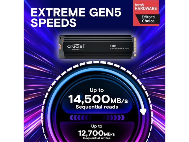 Crucial T705 2TB PCIe Gen5 NVMe M.2 SSD with Heatsink - Up to 14,500 MB/s - Game Ready - Internal Solid State Drive (PC) - +1mo Adobe CC -...