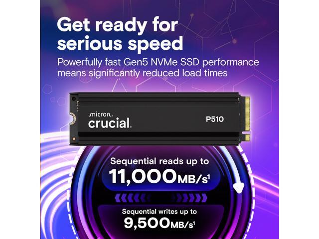 Crucial P510 2TB Gen5 NVMe SSD with Heatsink, Up to 11,000 MB/s, PCIe 5.0 M.2 2280 SSD, Internal Solid State Drive, Compatible with PS5 CT1000P510SSD5