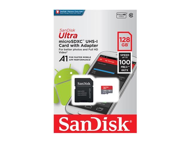 SanDisk 128GB Ultra microSDXC A1 UHS-I/U1 Class 10 Memory Card with Adapter, Speed Up to 100MB/s (SDSQUAR-128G-GN6MA)