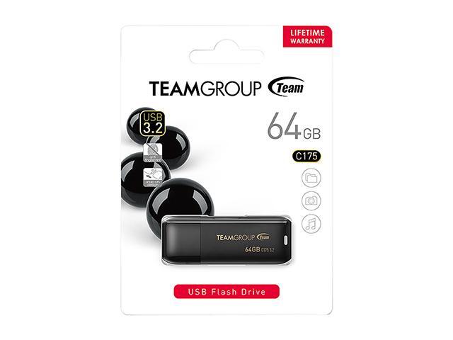 TEAMGROUP C175 64GB USB 3.2 Gen 1 Flash Drive Rounded Streamlined Unibody Design Black Pearl Seamless Construction Matte and Glossy Finish, Speed...
