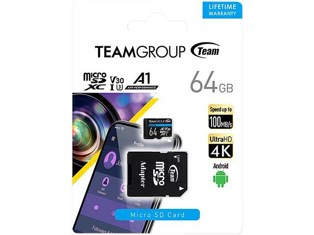 Team Group 64GB Elite microSDXC UHS-I U3, V30, A1, 4K UHD Micro SD Card with SD Adapter, Speed Up to 100MB/s (TEAUSDX64GIV30A103)