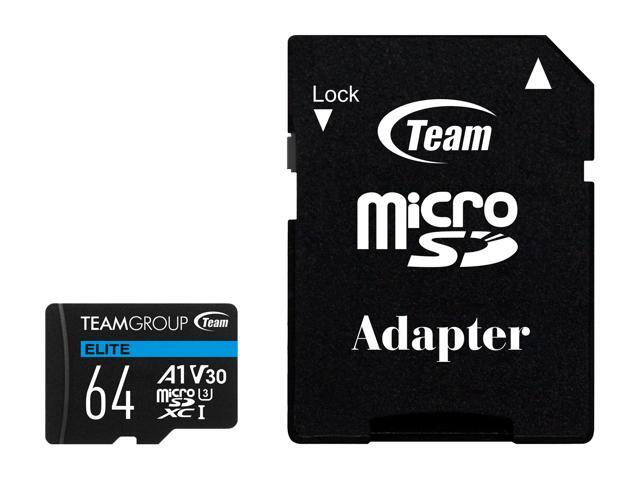 Team Group 64GB Elite microSDXC UHS-I U3, V30, A1, 4K UHD Micro SD Card with SD Adapter, Speed Up to 100MB/s (TEAUSDX64GIV30A103)