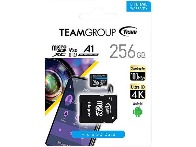 Team Group 256GB Elite microSDXC UHS-I U3, V30, A1, 4K UHD Micro SD Card with SD Adapter, Speed Up to 100MB/s (TEAUSDX256GIV30A103)