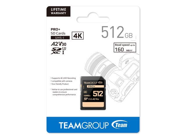 Team Group 512GB PRO+ SDXC U3 V30 A2 4K SD Card, Read/Write Speed Up to 160/90MB/s (TPPSDX512GIA2V3001)