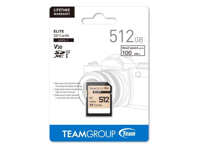 Team Group 512GB Elite 4K SD Card UHS-I U3 V30 Read/Write Speed Up to 100/90MB/s (TESDXC512GIV30P69)