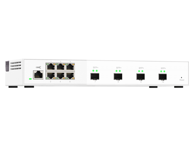 QNAP QSW-M408S 6-port layer 2 managed switch. 6 x 2.5GbE (1G/100M) ports and 4 x 10G SFP+ ports. Easy management with web browser.