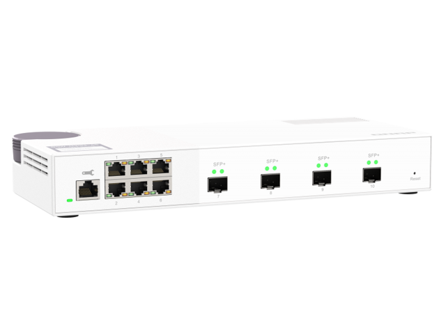 QNAP QSW-M408S 6-port layer 2 managed switch. 6 x 2.5GbE (1G/100M) ports and 4 x 10G SFP+ ports. Easy management with web browser.