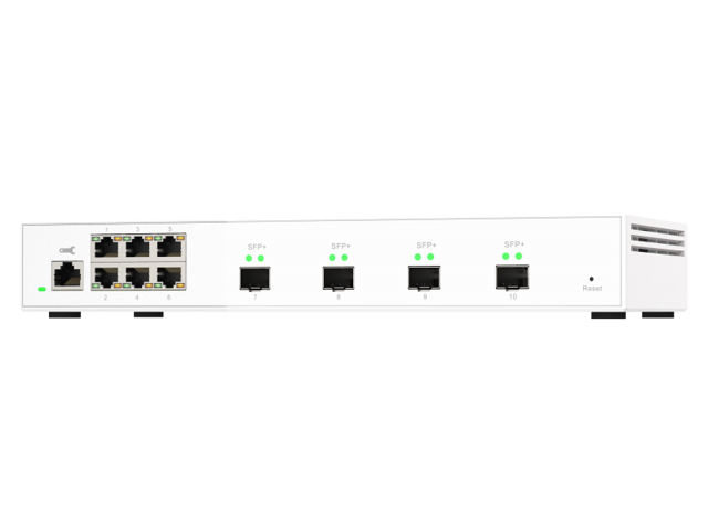 QNAP QSW-M408S 6-port layer 2 managed switch. 6 x 2.5GbE (1G/100M) ports and 4 x 10G SFP+ ports. Easy management with web browser.