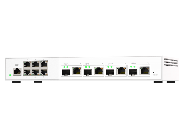 QNAP QSW-M408S 6-port layer 2 managed switch. 6 x 2.5GbE (1G/100M) ports and 4 x 10G SFP+/ NBASE-T (10G/5G/2.5G/1G/100M) combo ports. Easy...