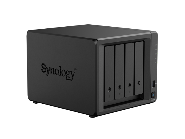 Synology 4-bay DiskStation NAS enclosure front three-quarter view