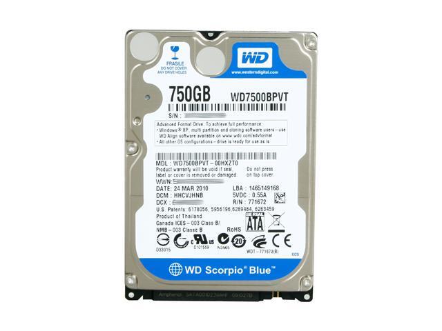 Western Digital Scorpio Blue WD7500BPVT 5400 RPM 8MB Cache SATA 3.0Gb/s 2.5' 750GB Capacity Internal Notebook Hard Drive