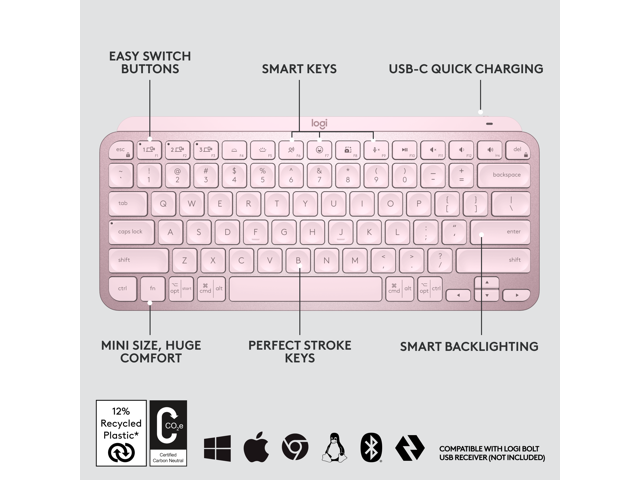 Logitech MX Keys Mini Minimalist Wireless Illuminated Keyboard, Compact, Bluetooth, Backlit, USB-C, Compatible with Apple macOS, iOS, Windows,...
