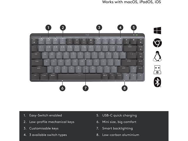 Logitech MX Mechanical Mini Wireless Illuminated Keyboard, Linear Switches, Backlit, Bluetooth, USB-C, macOS, Windows, Linux, iOS, Android, Graphite