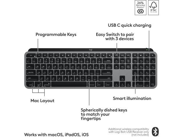 Logitech - MX Keys S for Mac Advanced Full-size Wireless Scissor Keyboard with Backlit keys for MacBook, iMac, iPad - Space Gray - image 2