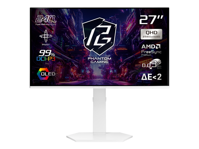 ASRock Phantom Gaming 27 inch QHD 2K 1440P 240Hz AMD FreeSync Premium 0.03ms HDR10 OLED White Gaming Computer Monitor with Height Adjustable,...