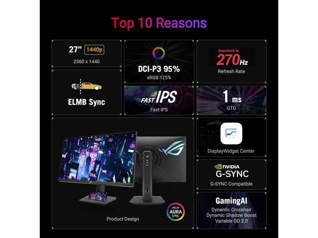 ASUS ROG Strix 27' QHD 2K 1440P 270Hz IPS with AMD FreeSync Premium & G-Sync Compatible 1ms HDR400 USB-C ELMB SYNC Gaming Computer Monitor with...