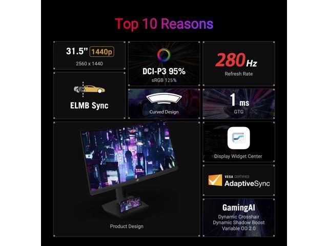 ASUS ROG Strix 32' QHD 2K 1440P 280Hz AMD FreeSync (Adaptive Sync) 1ms HDR400 ELMB USB-C phone accessory slot Curved Gaming Computer Monitor with...